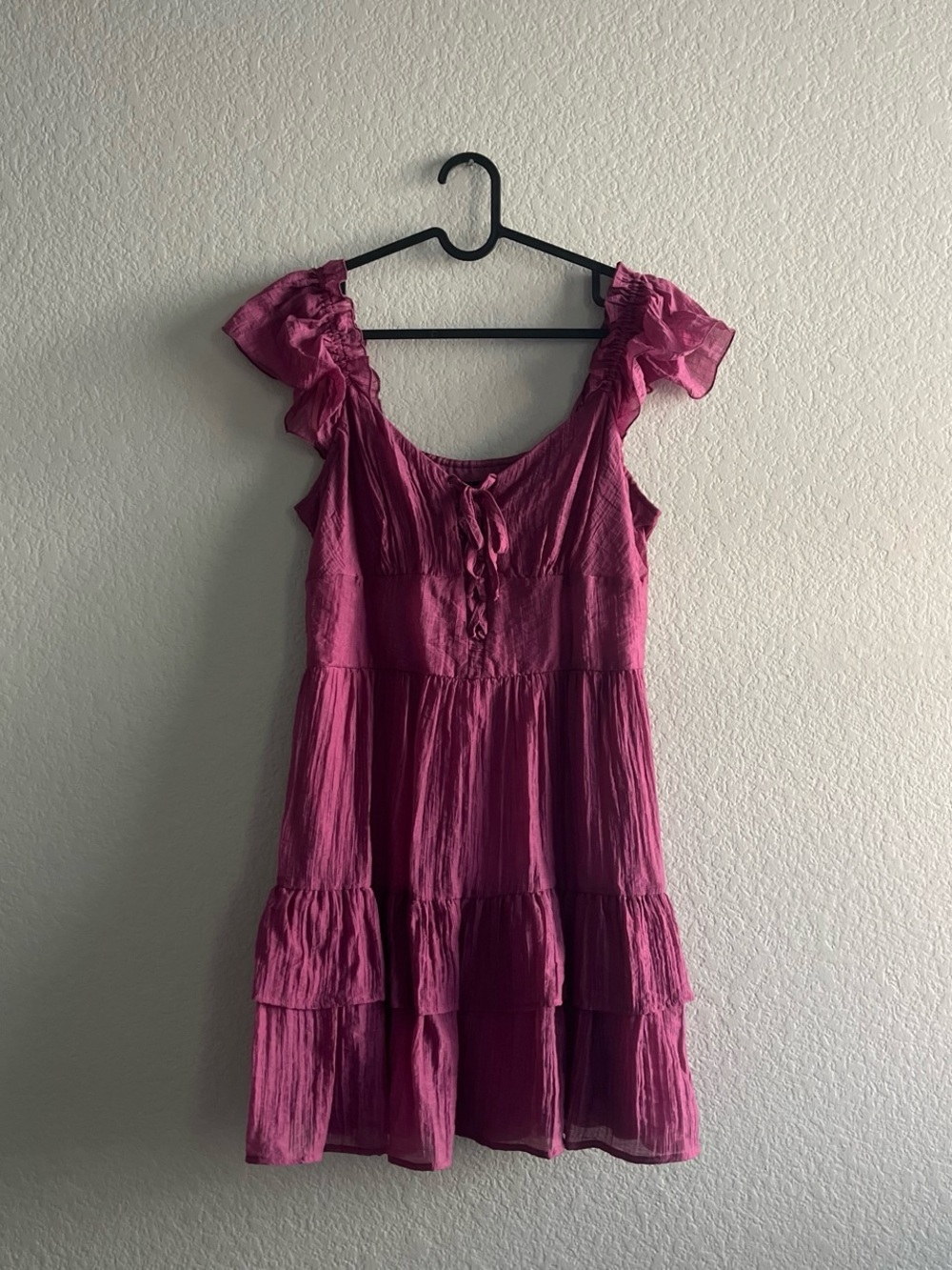 City Triangles Magenta Ruffle-Shoulder Tiered Mini Dress